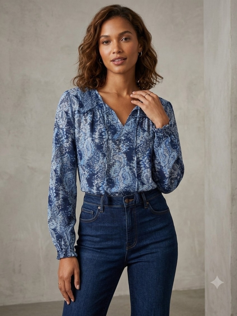 Joie Blue Printed V-Neck Long-Sleeve Blouse